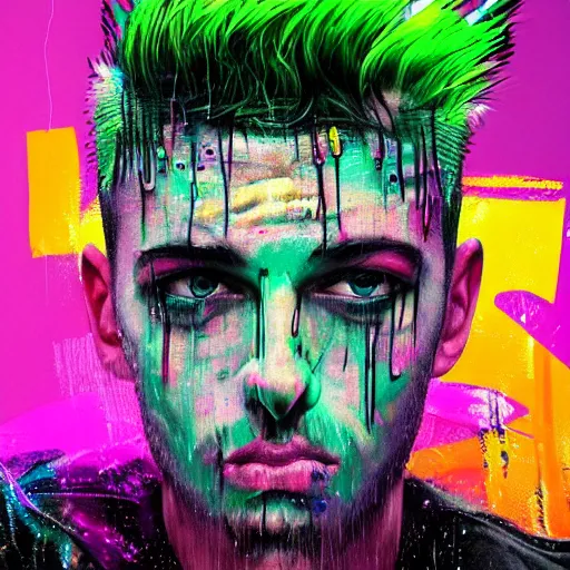 Image similar to splashes of neon, mowhawk, punk portrait made out of paint with rain in the background, trending on artstation, epic composition, emotional, beautiful, rendered in octane, highly detailed, realistic, tim burton comic book art, sharp focus, matte painting, unreal engine