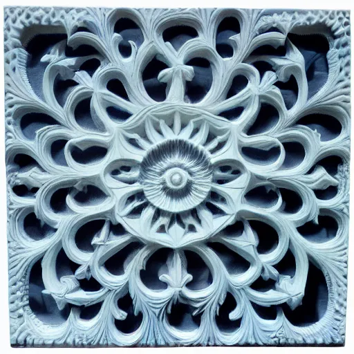 Image similar to fractals, maze, ernst haeckel, carved soapstone relief paneling white and pale blue