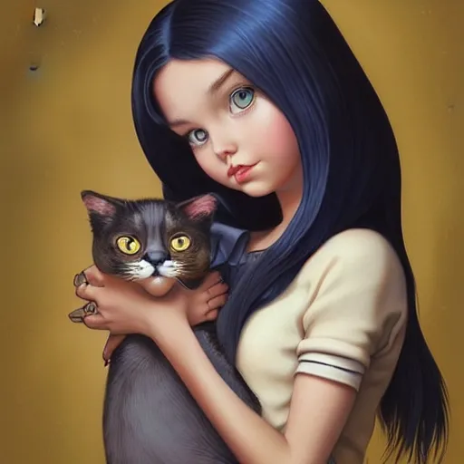 Prompt: Lofi portrait of a girl holding a cat, Pixar style by Joe Fenton and Stanley Artgerm and Tom Bagshaw and Tim Burton