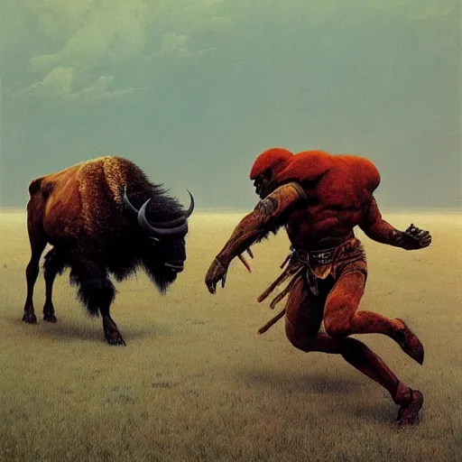 Prompt: Bison playing American football, dark fantasy, Warhammer, artstation painted by Zdzisław Beksiński and Wayne Barlowe