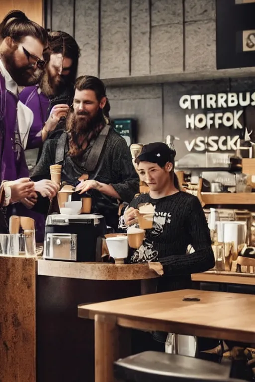 Prompt: vikings in modern city try to buy coffee in starbucks