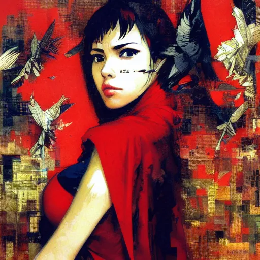 Image similar to portrait of a daydreaming melancholic latina woman in a red hood monk custome being progressively rasterized into pixels, surrounded by digital birds and a giant loving mecha robot, oil on canvas by yoji shinkawa, esao andrews and dave mckean