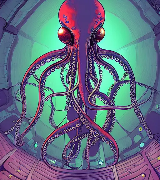 Image similar to a cybernetic octopus in a floating podium, techwear, Industrial Scifi, detailed illustration, character portrait, graffiti art by Martin Grip and Moebius