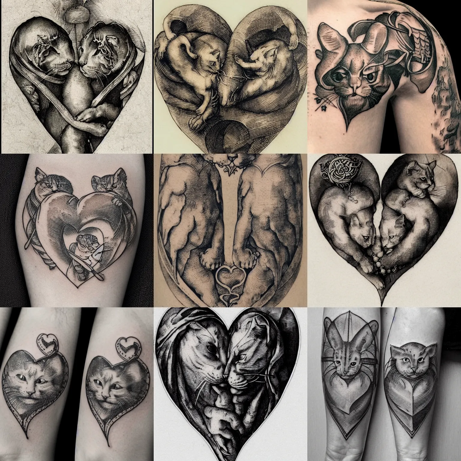 Prompt: albrecht durer, albrecht altdorfer, hans holbein, lucas cranach, gustave dore, engraving-style tattoo of two cats intertwined in a heart shape