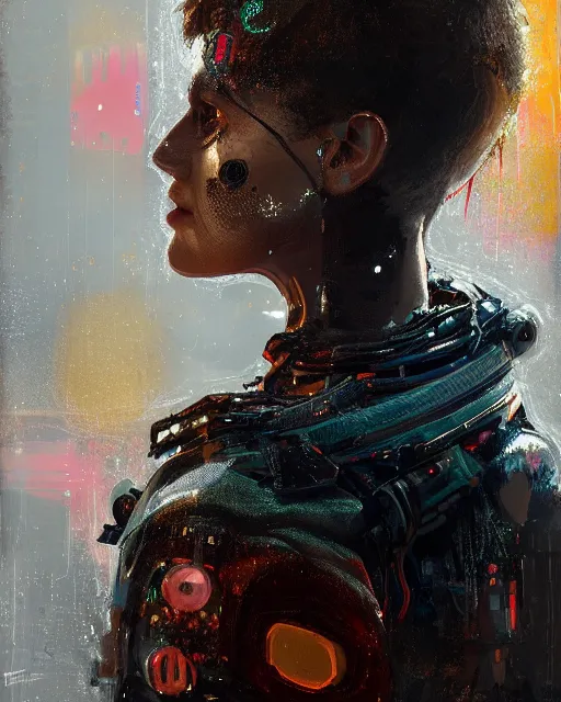 Image similar to detailed portrait Neon guard woman with very short brown hair seen from the back, cyberpunk futuristic, reflective puffer jacket, black leggings, decorated with traditional ornaments by Ismail inceoglu dragan bibin hans thoma, Perfect face, fine details, realistic shaded, fine-face, pretty face