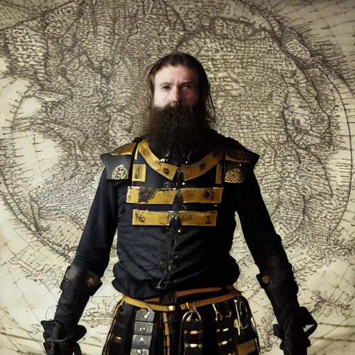 Prompt: Closeup of frustrated and acerbic male medieval sergeant with a {short} beard wearing a {black!!!! and yellow tabard} over a steel breastplate and a black gambeson looking up from a map on a table, intricate, dramatic lighting illustration by Greg Rutkowski, {perfect face}, {perfect eyes}, fantasy
