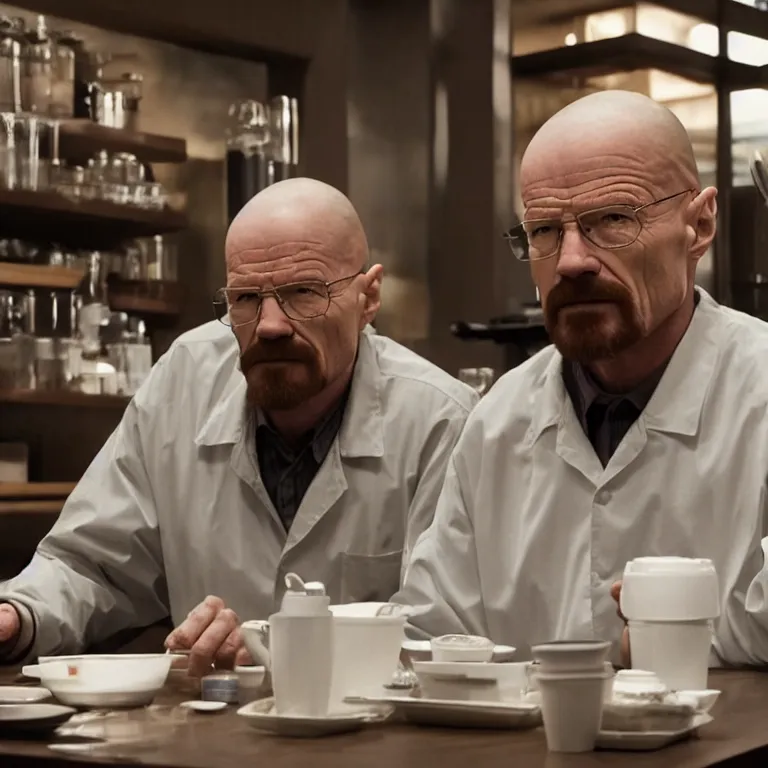 Image similar to Walter white in Starbucks, 8k, hyper-detailed, cinematic lighting, hyperrealistic, HD