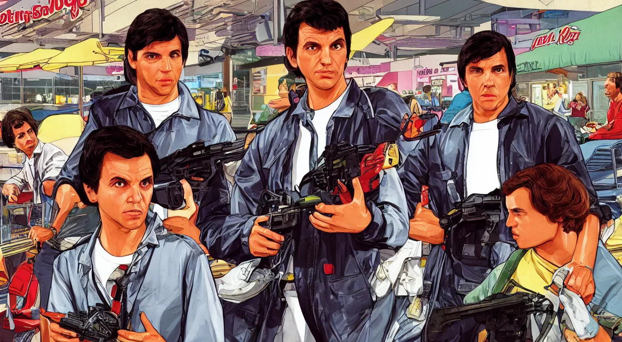 Prompt: GTA V illustration of 1980s Ralph Macchio on the cover of GTA V, in the food court of a 1980’s shopping mall