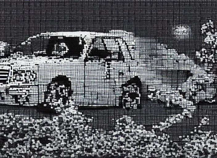 Image similar to synthesized hologram aiburning wrecked mercedes 1 2 4, pixelart, game 8 - bit monochrome gameboy!!, takato yamamoto. masterpiece. rendered in blender, ultra realistic, smooth shadows, ultra detail, high resolution, cinematic, unreal 6, 8 k