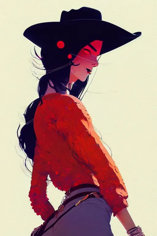 Image similar to a ultradetailed beautiful painting of a stylish woman wearing a cowboy hat and smirking by conrad roset, greg rutkowski and makoto shinkai trending on artstation