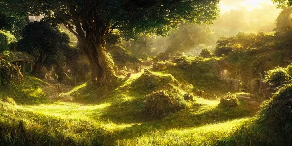 Image similar to lush and beautiful concept art for the shire, lord of the rings, peter jackson, studio ghibli, detailed, realistic lighting, volumetric lighting, golden hour,