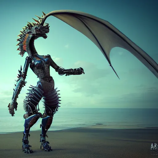 Image similar to a highly detailed beautiful anthropomorphic robot female dragon with smooth and streamlined armor, sharp and intimidating claws on her hands and feet, long tail with a blade on the end, doing an elegant pose on the beach, artstation, DeviantArt, professional, octane render