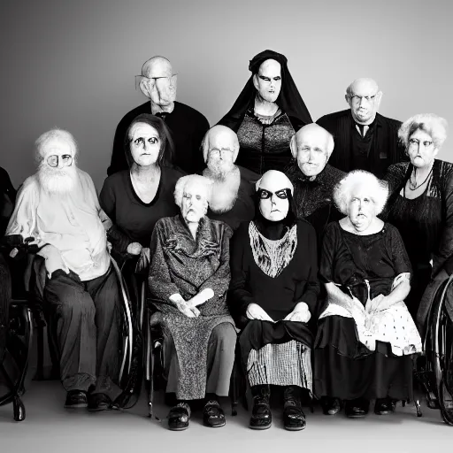 Image similar to an old age home for geriatric dark goths. photograph group portrait.