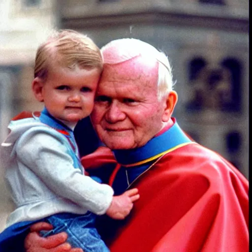 Prompt: john paul ii as a superhero holding kid, super realistic,