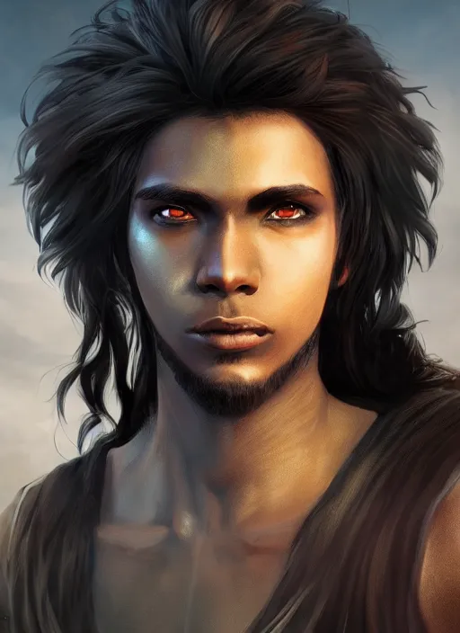 Image similar to An epic fantasy comic book style portrait painting of a dark skinned long haired boy with intelligent eyes, unreal 5, DAZ, hyperrealistic, octane render, cosplay, RPG portrait, dynamic lighting