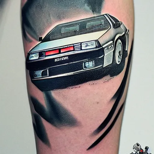 Image similar to a tatoo of delorean from back to the future,