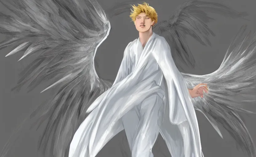 Prompt: a digital concept art of a beautiful male angel wearing white angelic clothes flying among heaven and a detailed face