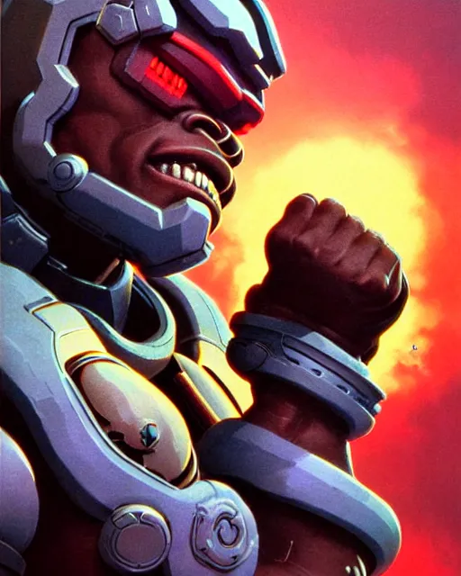 Image similar to doomfist from overwatch, character portrait, portrait, close up, concept art, intricate details, highly detailed, vintage sci - fi poster, retro future, vintage sci - fi art, in the style of chris foss, rodger dean, moebius, michael whelan, and gustave dore