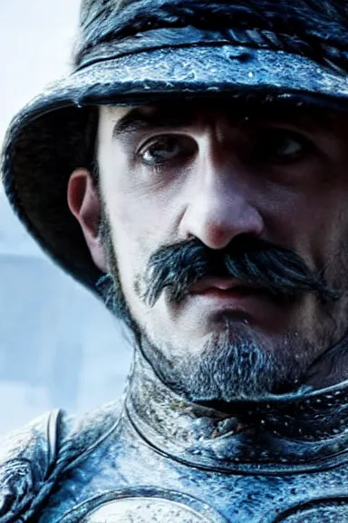 Image similar to very very intricate photorealistic photo of a realistic human version of luigi wearing his hat in an episode of game of thrones, photo is in focus with detailed atmospheric lighting, award - winning details