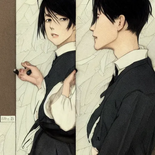 Image similar to Levi Ackerman, south Korean male, wearing a black and white maid dress, short, short hair, pointy nose, annoyed. elegant. highly detailed, digital painting, artstation, concept art, smooth, sharp, focus, illustration. art by artgerm and greg rutkowski alphonse mucha and Marat Safin