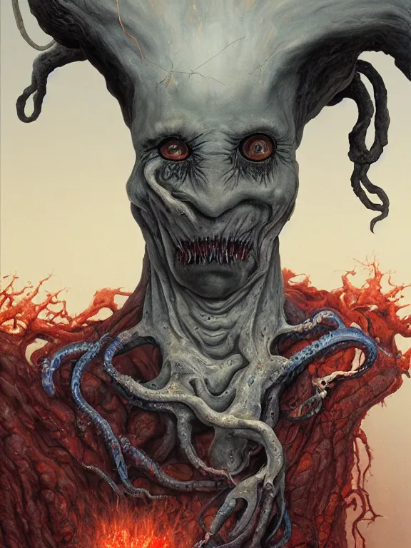 Prompt: wayne barlowe painting of a flying sorrowful looking severed human head, floating head with tears running down it's eyes, face that is chalk white in color, with long white tentacles stemming from it's neck, fiery scorching red eyes, background sprawling terrifying hellish cave with lava flowing through it's walls, 4 k