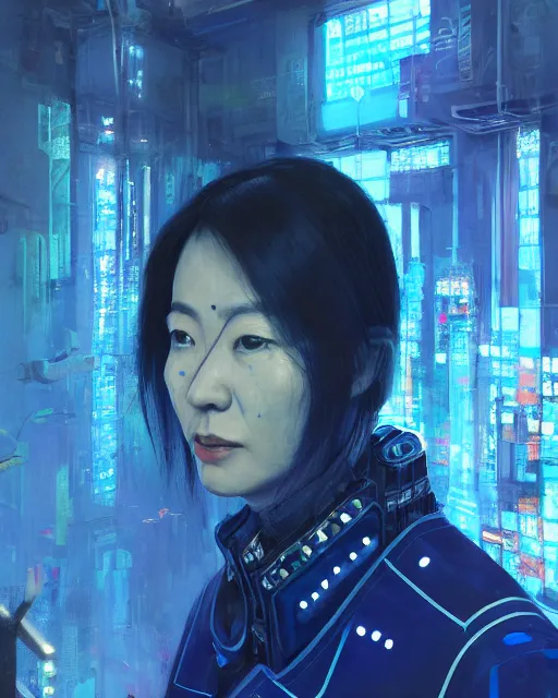 Prompt: detailed portrait Dr. Catherine Chun , cyberpunk futuristic neon, reflective deep blue coats, decorated with traditional chinese ornaments, underwater station Pathos behind by Ismail inceoglu dragan bibin hans thoma greg rutkowski Alexandros Pyromallis Nekro Rene Maritte Illustrated, Perfect face, fine details, realistic shaded, fine-face, pretty face