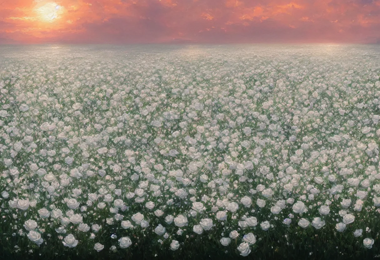 Image similar to a painting of a sea of white rose flowers, romantic, sunset, 4 k, trending on artstation in the style of greg rutkowski