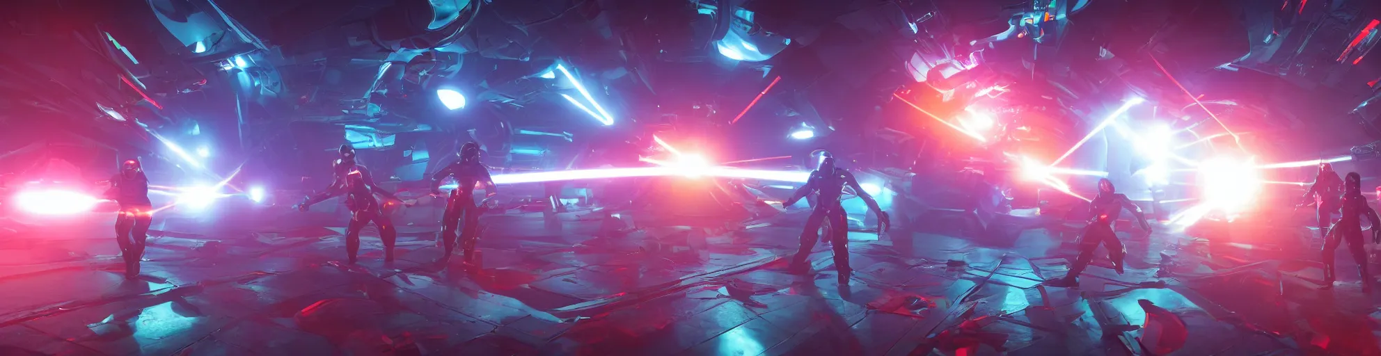 Image similar to futuristic spacemen firing lasers in zero gravity, skintight suits, floating polygon shapes as obstacles, surrounded by a laser grid, unreal engine, lensflare, glow, bloom, neon