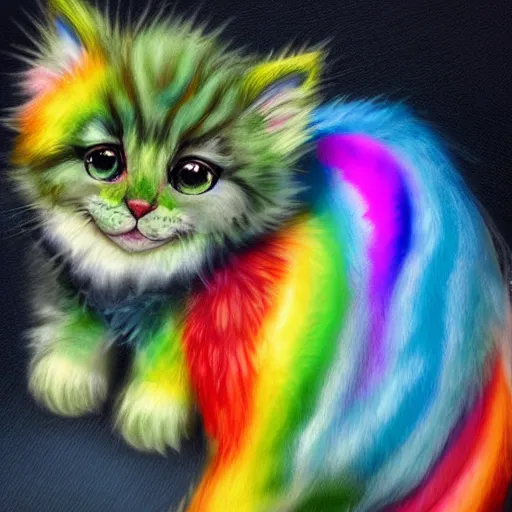 Image similar to wide angle full body, of a fluffy cute rainbow kitten wearing a black leather motorcycle jacket, concept art