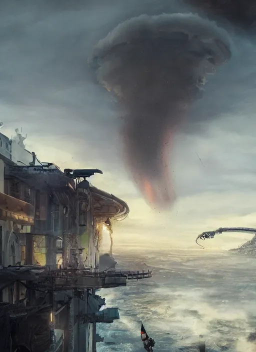 Image similar to hyper realistic squid shaped robot attacking cape town city, table mountain explosions, atmospheric beautiful details, strong composition drawn in ink by kim jung giu weta studio rutkowski, james gurney and greg rutkowski, and lucasfilm