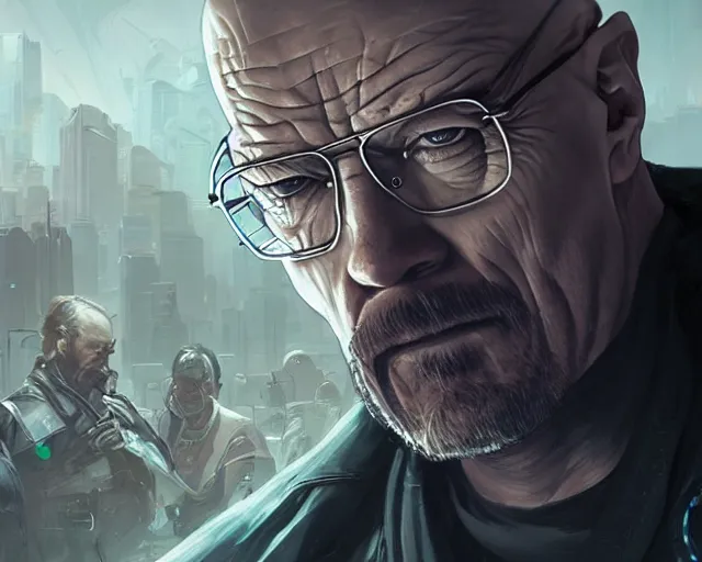 Image similar to walter white with cyberpunk implants, deep focus, d & d, fantasy, intricate, elegant, highly detailed, digital painting, artstation, concept art, matte, sharp focus, illustration, hearthstone, art by artgerm and greg rutkowski and alphonse mucha