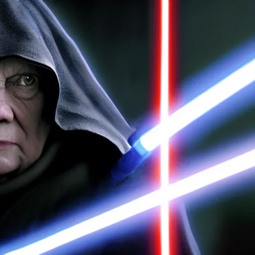 Image similar to darth sidious with lightsaber, heavy rain, lightning, moody lighting, shallow depth of field,