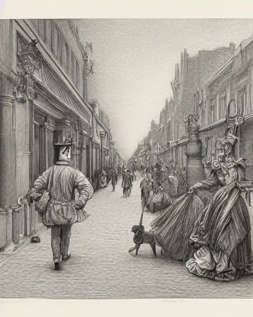 Prompt: a victorian robot walking a dog in the city by gustav dore, hyperdetailed pencil drawing