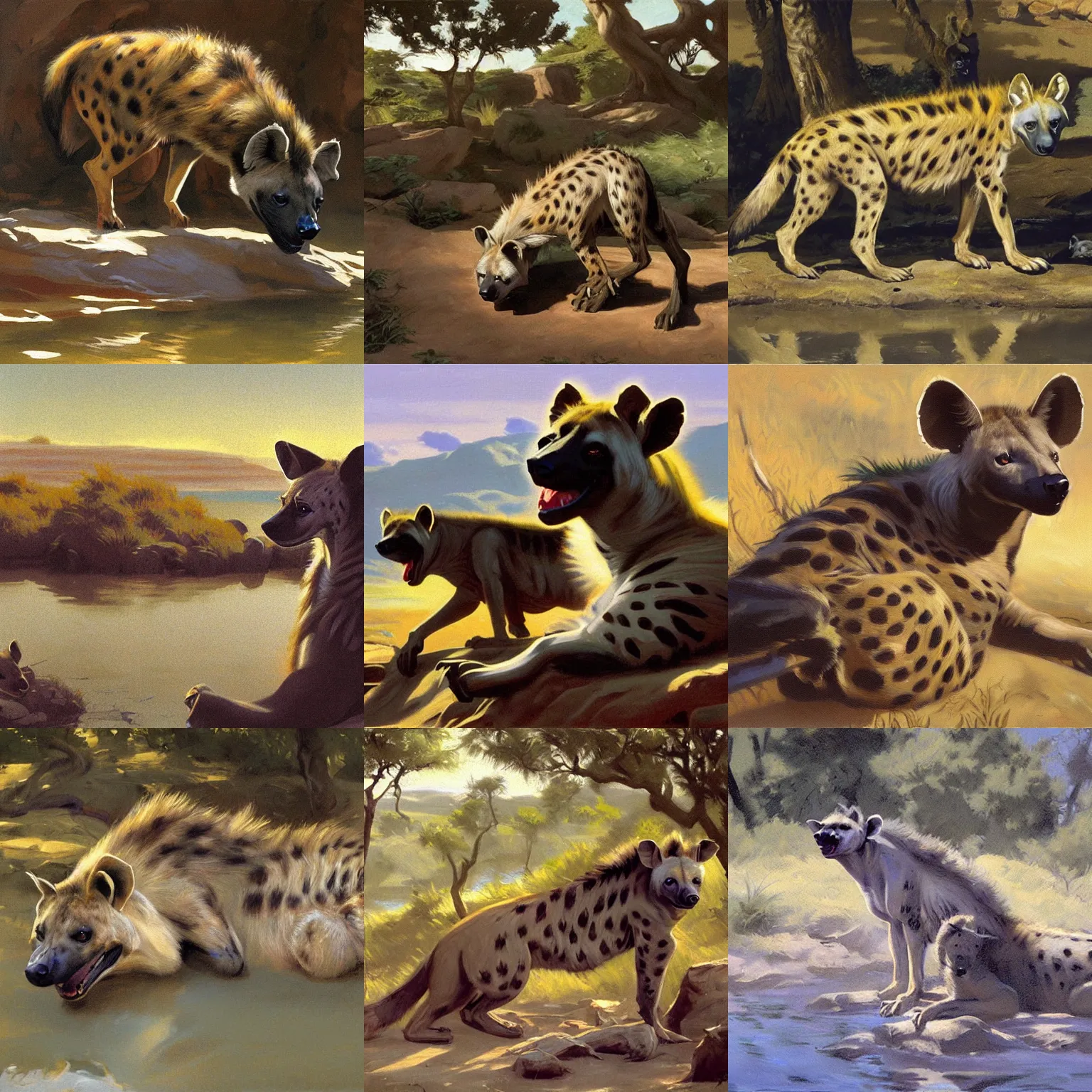 Prompt: painting of a hyena sitting by a river by greg hildebrandt, greg rutkowski, james gurney, and john singer sargent