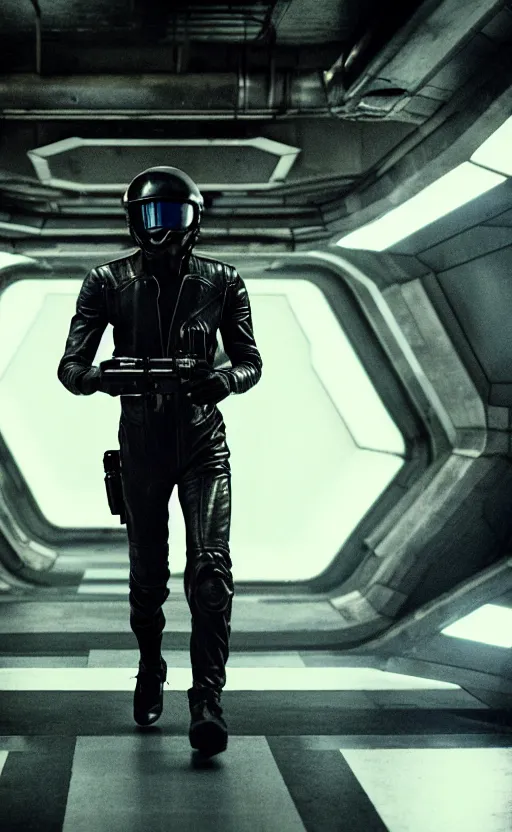 Prompt: hyper - realistic grungy spaceship interior corridor, hyper - detail, an attractive athletic black man wearing a black leather jumpsuit, running, holds a blaster, futuristic space western aesthetic, cinematic composition, cinematic colors, 3 5 mm film, roger deakins style, realistic film, no signature, 8 k