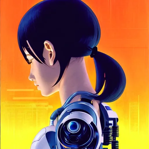 Image similar to side portrait scifi cyborg girl with robotic parts and spacesuit | | head only in center of image, audrey plaza, fine detail!! anime!! realistic shaded lighting!! poster by ilya kuvshinov katsuhiro otomo ghost - in - the - shell, magali villeneuve, artgerm, jeremy lipkin and michael garmash and rob rey