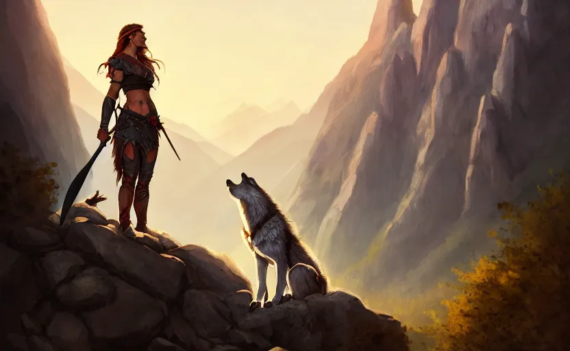 Image similar to a warrior resting axe on her shoulder standing next to a wolf, female, looking onto the horizon, fall, mountain landscape, portrait by magali villeneuve and ames jean and artgerm and greg rutkowski, 4 k, artstation, realistic, cinematic composition, d & d