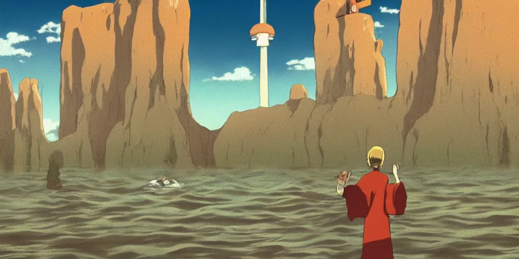 Image similar to a realistic cell - shaded studio ghibli concept art from paprika ( 2 0 0 6 ) of an anthropomorphic dolphin from close encounters of the third kind ( 1 9 7 7 ) in a flooded monument valley stonehenge. a monk in a robe is meditating in the foreground. very dull colors, wide shot, hd, 4 k, hq