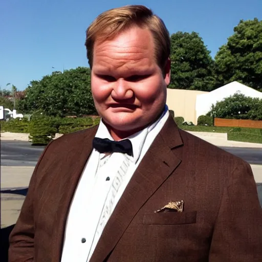 Prompt: Andy Richter is wearing a chocolate brown suit and necktie. Andy is standing outside in the bright sun. His face is covered with sweat.