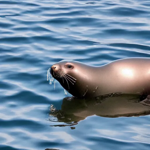 Prompt: a seal swimming at the surface of water with a seagull standing on its back