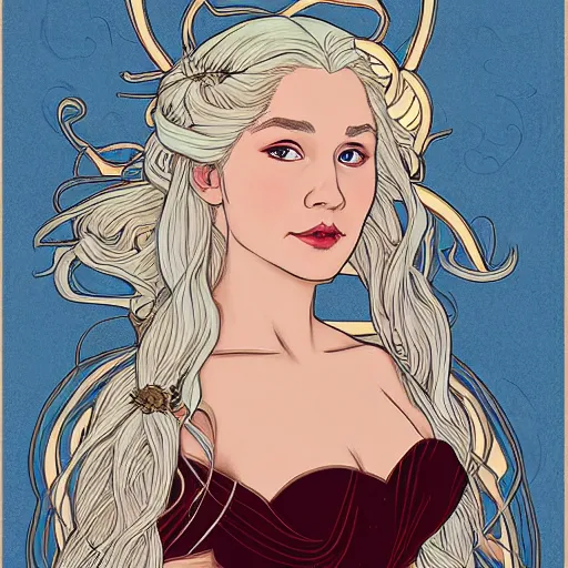 Prompt: ann heche as daenerys targaryen, mucha style,