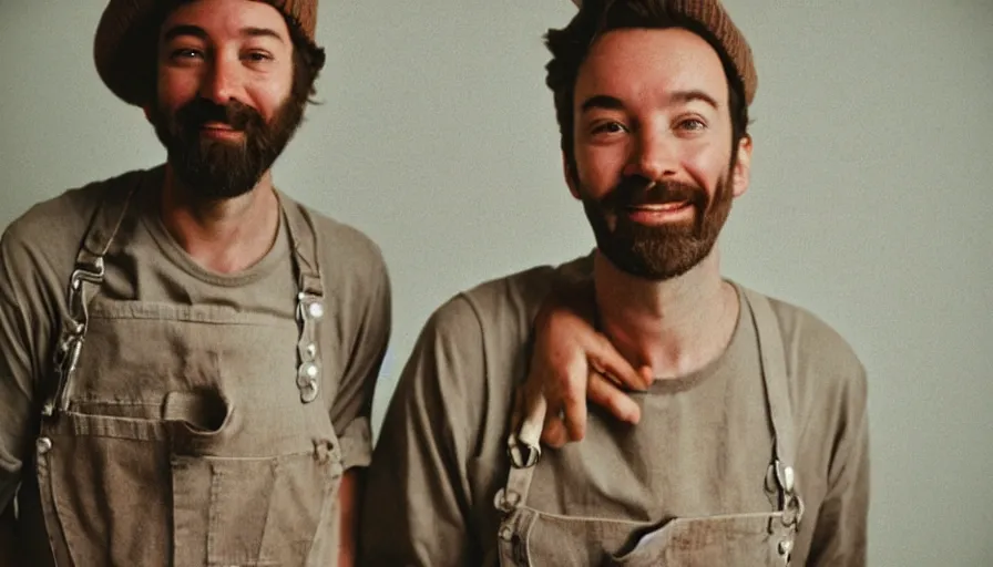 Image similar to far view, extremely skinny malnourished jimmy fallon with long beard, wearing dirty overalls, dirty greasy face, grin, portrait, close up, kodak gold 2 0 0, 5 0 mm,