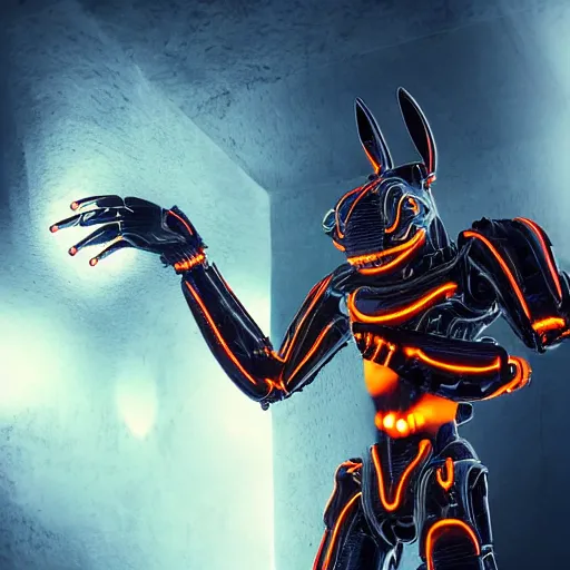 Prompt: human rabbit chimera, furry, extremely detailed, large rabbit ears, extremely detailed fur, intricate neon circuit pattern, exoskeleton mecha suit, cyborg, surrounded by fire, time travel, lightning arc plama, futuristic, ultra detailed, 8 k, ultra realistic, cinematic atmosphere, unreal engine, octane render, trending on artstation, cgi, photorealistic