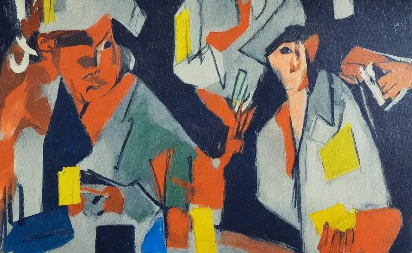 Prompt: oil painting in the style of john craxton sailors holding cigarettes in the shadows of a pub. line drawing. scratch. strong lighting. playing cards. brush. single flower. smokey bar. seated figure hands on table. eye. strong expressions on faces. cheekbones. in the style of ivon hitchins