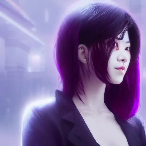 Prompt: Close up portrait of a young Asian Cyberpunk woman with dark purple hair wearing a aviator, hyperdetailed, artstation, cgsociety, 8k