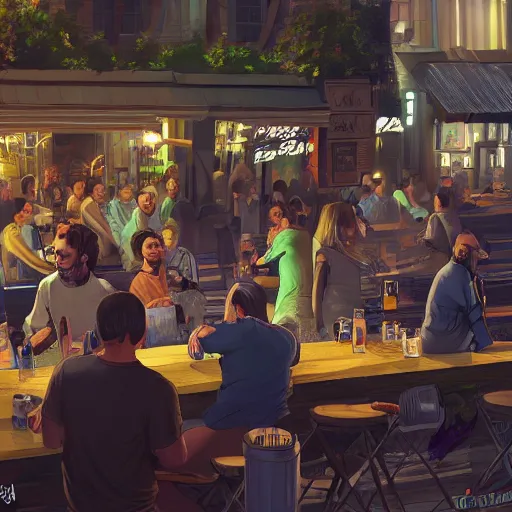 Image similar to a man playing on a computer, sitting outside at a crowded bar, his friends are frustrated, hyper detailed, uhd, 8 k, digital art, award winning, trending on artstation,