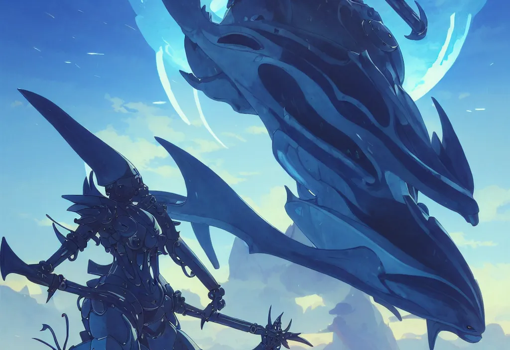 Image similar to close up of a extremely beautiful and aesthetic mech armor witch holding a symmetrical trident, highly detailed face, attractive symmetrical eyes, back shark fin, big wave horizon, dynamic model pose, slightly smiling, blue sky, big blade whale and black giants mech minotaurus, epic scene, fantasy illustrations, by makoto shinkai and peter mohrbacher and ferdinand knab