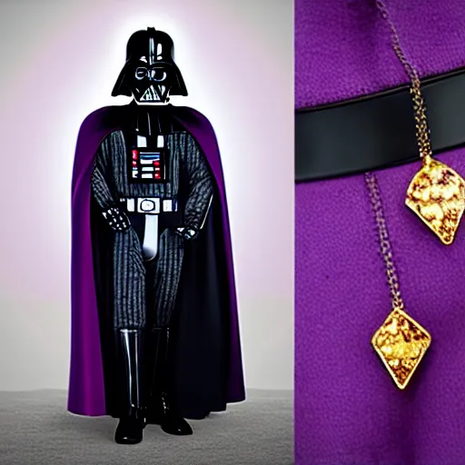 Prompt: darth vader is a pimp, wearing an oversized purple coat, gold jewlery, and a diamond tipped cane