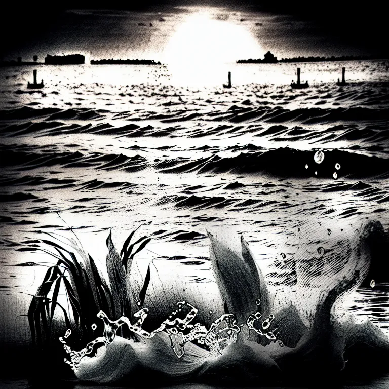 Image similar to corn floating in ocean, waves, sunrise, vintage coutry style, black and white, detailed