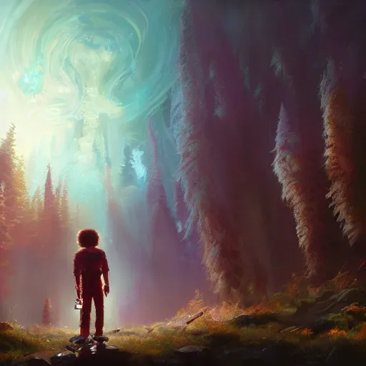 Image similar to dmt machine bob ross, hyperspace, huggy wuggy from poppy playtime video game, fullbody, ultra high detailed, oil painting, greg rutkowski, charlie bowater, yuumei, yanjun cheng, unreal 5, daz, hyperrealistic, octane render, rpg portrait, dynamic lighting, fantasy art, beautiful face